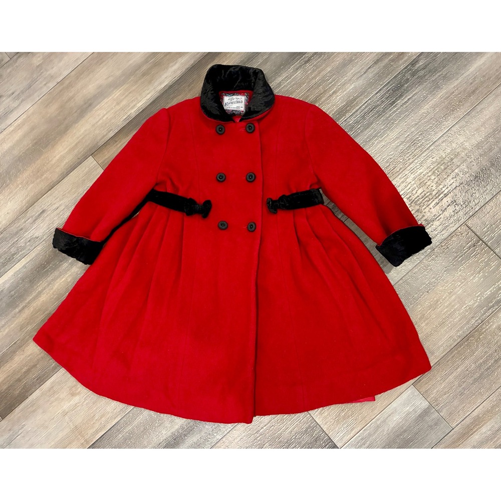 Vintage Rothschild Girls Size 4 Red 100% Wool Coat Black Velvet Bow Holiday
